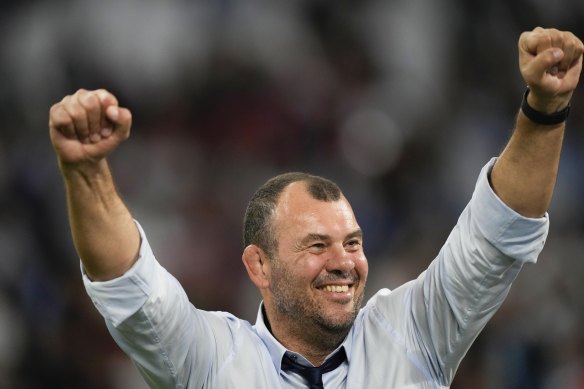 Argentina’s head coach Michael Cheika celebrates.