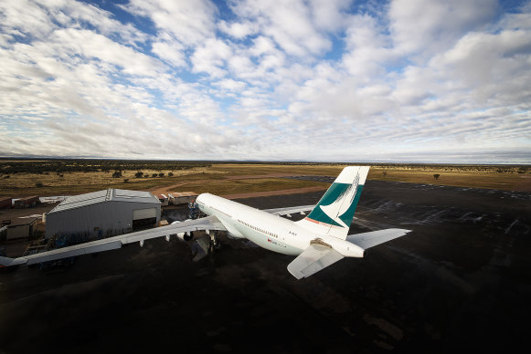 The last Cathay Pacific plane at Alice Springs, prior to departing on Thursday.