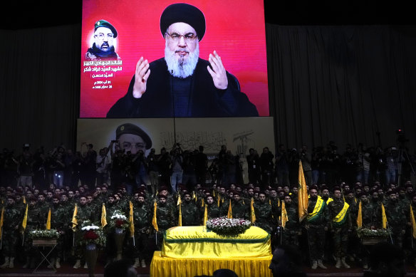 Hezbollah leader Sayyed Hassan Nasrallah speaks at the funeral of their top commander Fuad Shukr, who was killed by an Israeli airstrike.