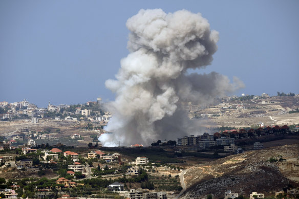 Smoke rises from Israeli shelling on villages in the Nabatiyeh district, seen from the southern town of Marjayoun, Lebanon.