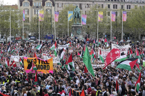 Pro-Palestinian demonstrators gather for a protest against the participation of Israeli contestant Eden Golan ahead of the final of the Eurovision Song Contest in Malmo, Sweden.