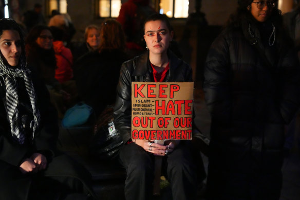 A protester holds a placard during a demonstration in Utrecht, Netherlands, against Geert Wilders’ victory.