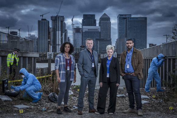 Tori Allen-Martin, Hugo Speer, Sharon Small and Bailey Patrick in London Kills.