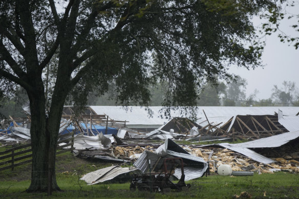 The remains of four old chicken houses, now used for storage, sit collapsed after the passage of Hurricane Idalia.