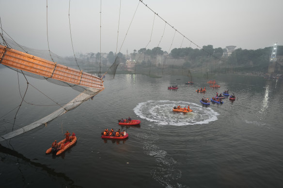 Search and rescue work is going on as a cable suspension bridge collapsed in Morbi town, India.