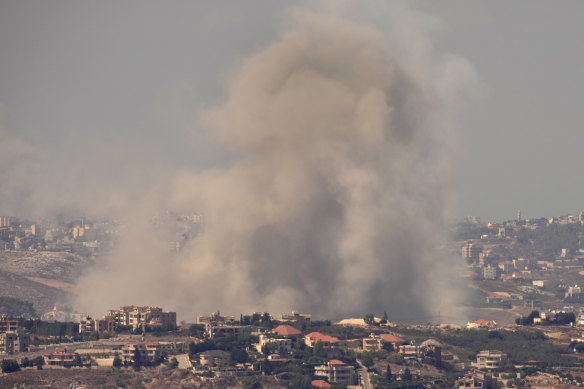 Smoke rises from Israeli airstrikes in the southern village of Haboush, Nabatieh district, in late September.
