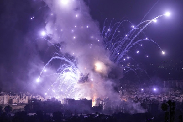 Flames and smoke rise from an Israeli airstrike in Beirut, Lebanon.
