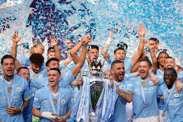 Manchester City celebrate winning the 2023-24 Premier League.