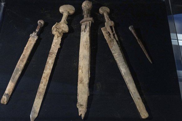 The four Roman-era swords and a javelin head were found during a recent excavation in a cave near the Dead Sea, in Jerusalem.