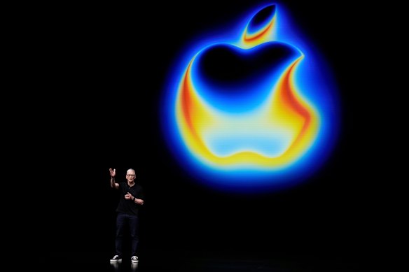 Apple CEO Tim Cook speaks on stage during the announcement of new products at Apple Park in Cupertino, California.