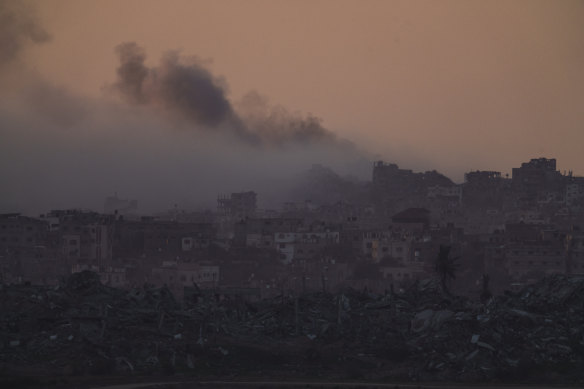 Smoke rises after an explosion in the Gaza Strip as seen from southern Israel.