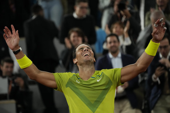 Rafael Nadal celebrates his thrilling victory over Novak Djokovic.