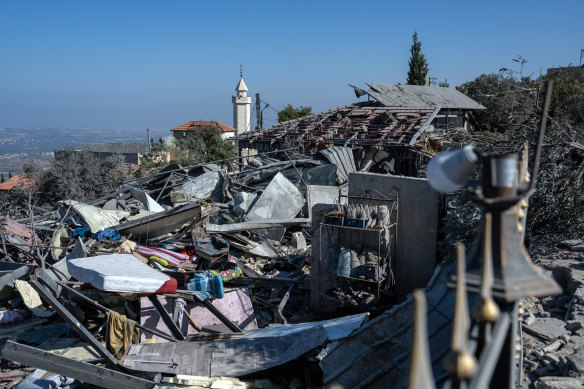 The rubble of a house destroyed by an Israeli airstrike in Deir Billa, Lebanon. Three people were reportedly killed.