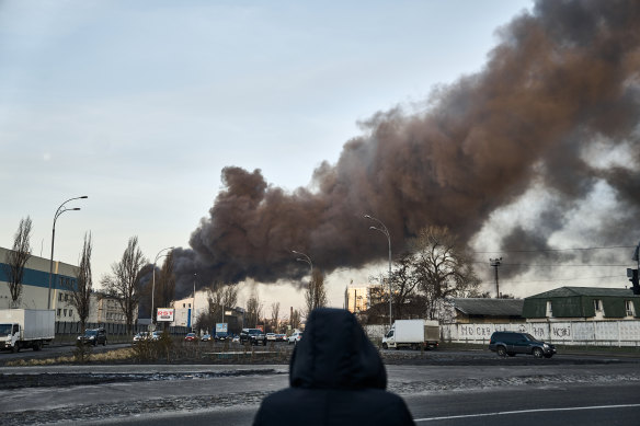 The city centre is filled with smoke after Russian rocket attacks on the capital of Ukraine in Kyiv, Ukraine.