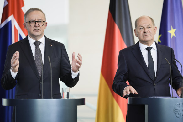 German Chancellor Olaf Scholz (right) with Australian Prime Minister Anthony Albanese in Berlin in July.