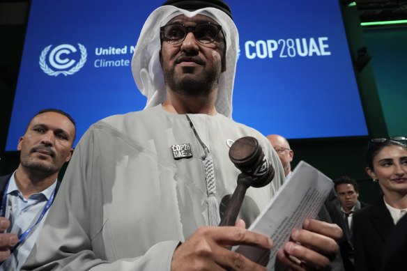 COP28 president Sultan Ahmed al-Jaber holds the gavel at the end of the climate summit in Dubai on Wednesday.