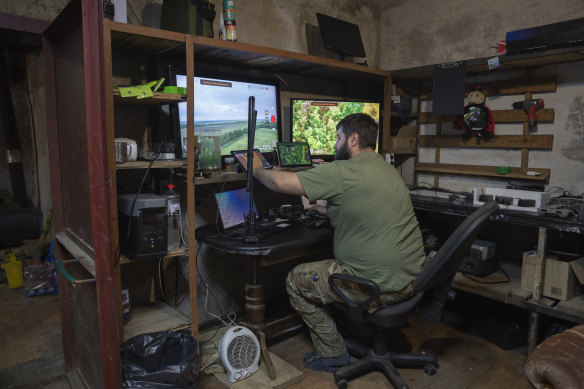 A Ukrainian officer works in his battalion headquarters on the frontline near Bakhmut, Donetsk region, Ukraine, on May 29.