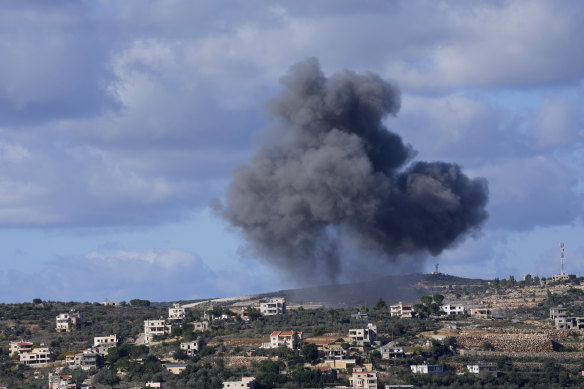 Black smoke rises from an Israeli airstrike on the outskirts of Aita al-Shaab, a Lebanese border village in November.