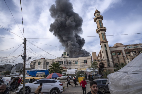 Smoke rises following an Israeli bombardment in Rafah, south Gaza.