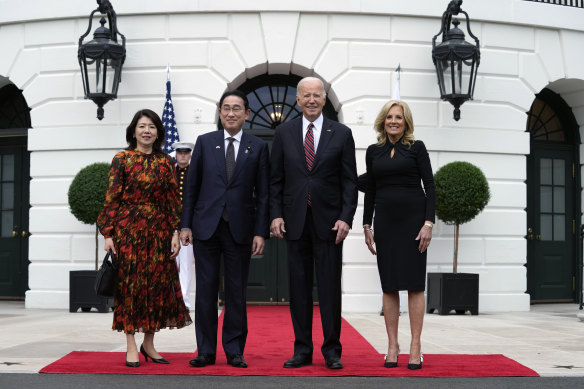 President Joe Biden and first lady Jill Biden greet Japanese Prime Minister Fumio Kishida and his wife Yuko Kishida on Tuesday.