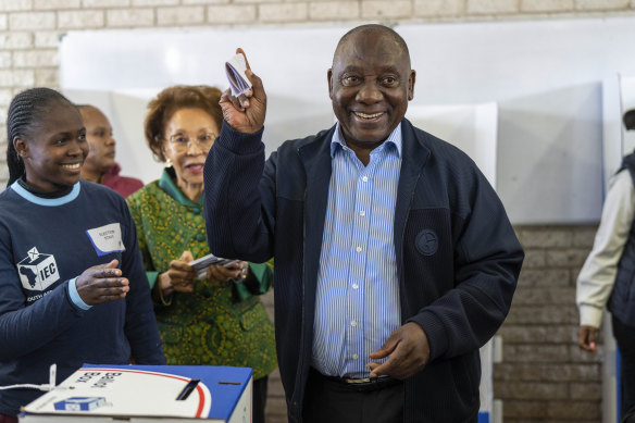 South African President Cyril Ramaphosa casts his ballot on Wednesday.