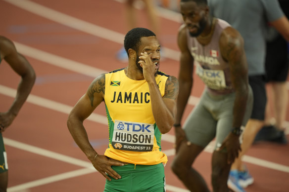 Andrew Hudson probes his injured eye after his 200m semi in Budapest.