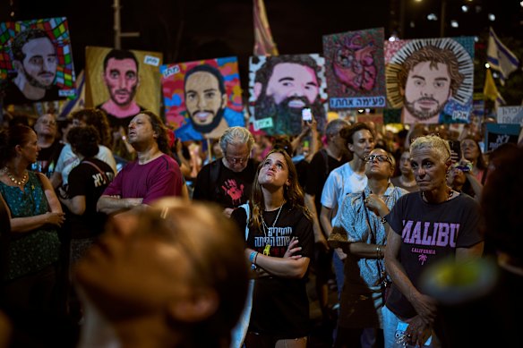 Relatives and supporters of the Gaza hostages hold a rally demanding their release in Tel Aviv last week.