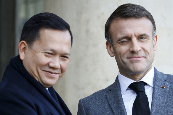 Cambodian Prime Minister Hun Manet (left) in Paris with French President Emmanuel Macron last week.