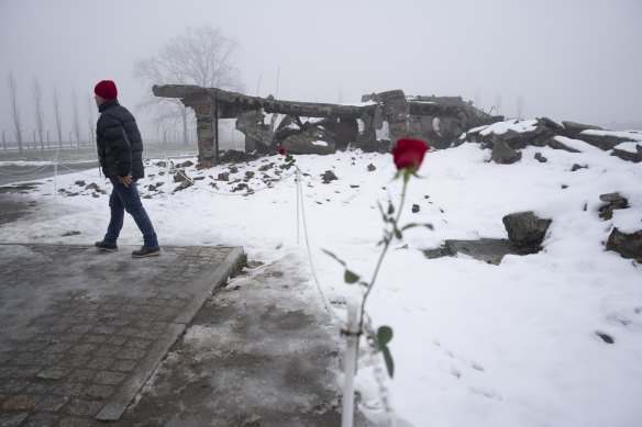 A visitor walks past a gas chamber and crematorium, where someone has left a rose, at Auschwitz.