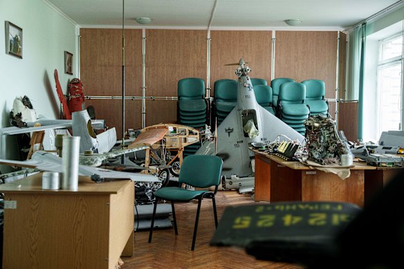 Parts of downed Shahed drones launched by Russia are piled in a storage room of a research laboratory in Kyiv, Ukraine, in 2024.