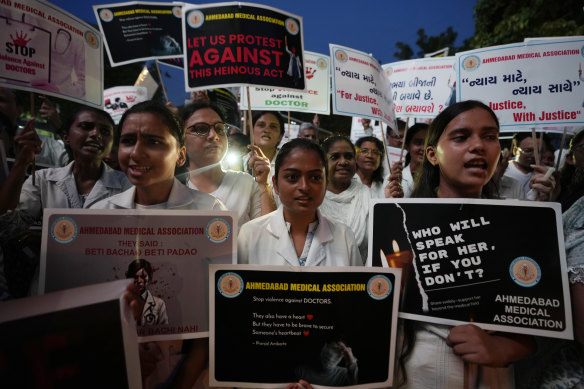 Doctors and medical students protest the rape and killing of a trainee doctor at a government hospital in Kolkata last week.