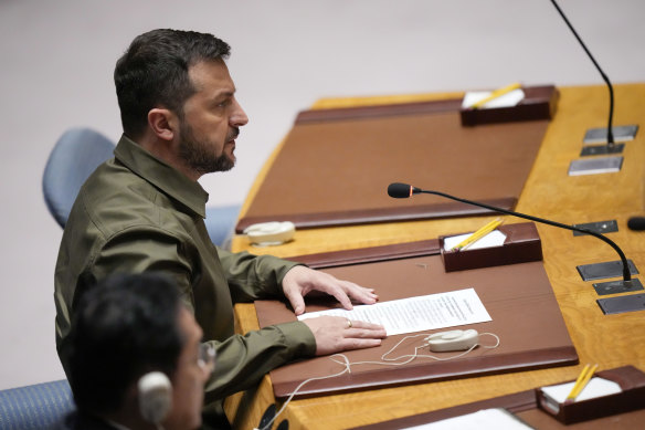 Ukrainian President Volodymyr Zelensky addresses the Security Council.