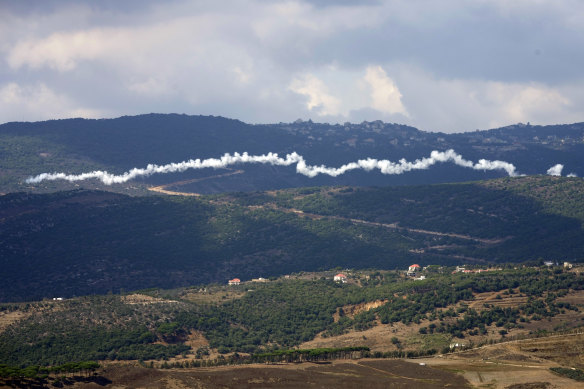 The smoke trail from a Hezbollah rocket, seen from the southern Lebanese town of Marjayoun.