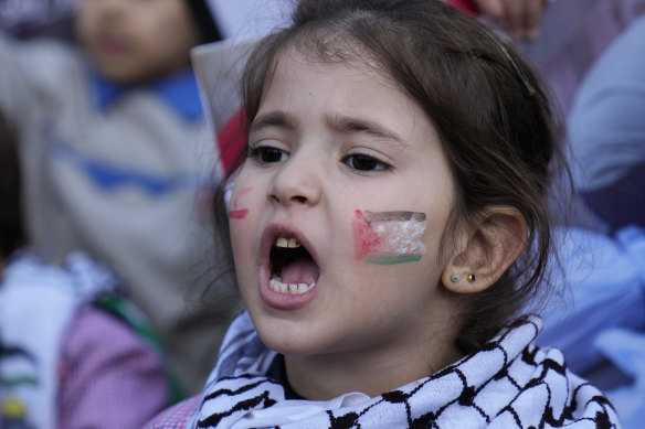 A Palestinian primary school student attends a protest outside the European Union office in Beirut, Lebanon, on Thursday.