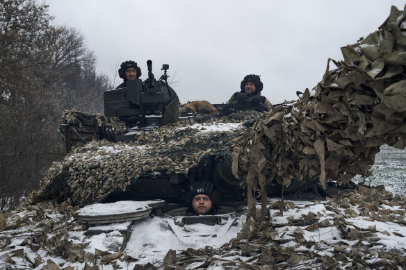 A Ukrainian tank on combat duty in Bakhmut.