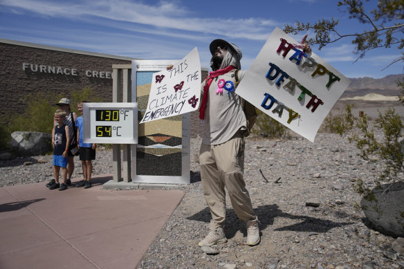 A climate change activist at Death Valley National Park on Sunday.