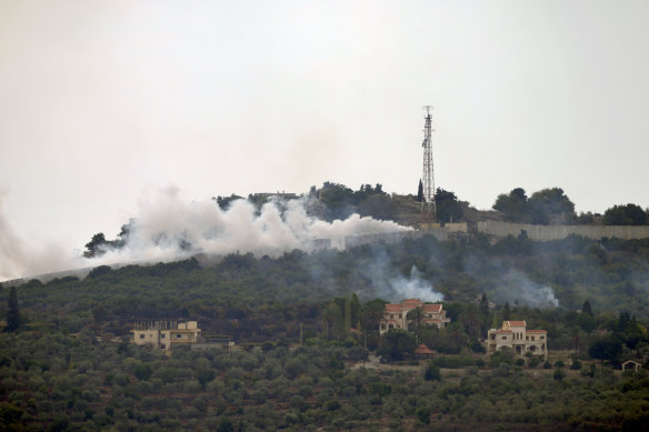 Smoke rises after Israeli shelling in the village of Duhaira near the border of Israel, south Lebanon.