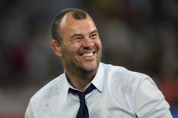 Michael Cheika celebrates after Argentina’s quarter-final win over Wales.