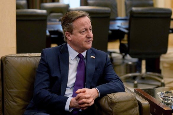 Britain’s Foreign Secretary David Cameron, left, meets with Lebanese caretaker Prime Minister Najib Mikati in Beirut.