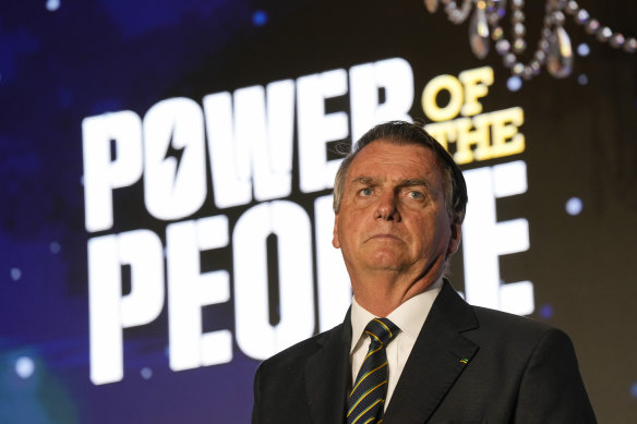 Brazil’s far-right former President Jair Bolsonaro speaks at an event in Miami.