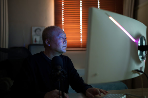 Kim Seongmin, president of Free North Korea Radio, edits content for the station at his home on Ganghwa Island.