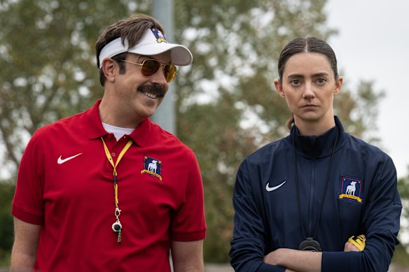 Jason Sudeikis as Ted and Tanya Reynolds, who plays new character Alice, in season four of Ted Lasso.