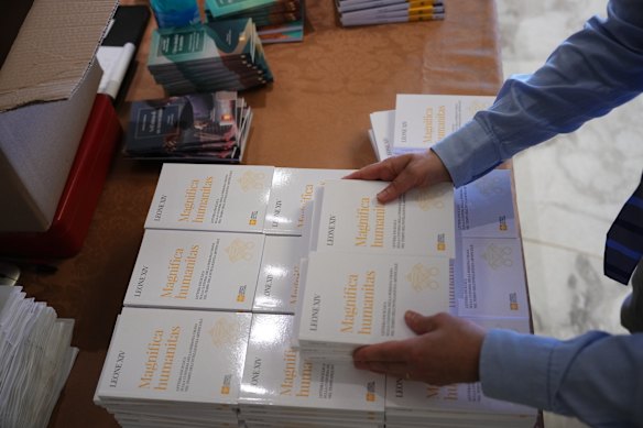Copies of the Pope’s encyclical: Magnifica Humanitas: On Safeguarding the Human Person in the Time of Artificial Intelligence.