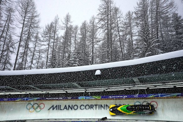 Jamaica’s four-man bobsled team training in Cortina. 