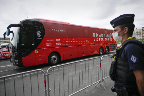 The Bahrain Victorious team bus is parked before the start of the 18th stage of the Tour de France.