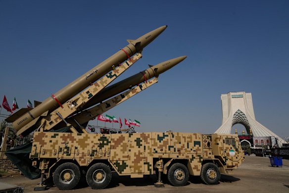 Show of strength: Iranian Zolfaghar and Bassir missiles on display in Tehran at the end of July. 
