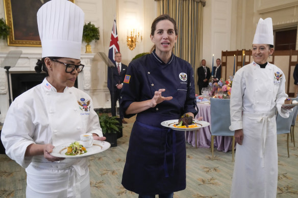 Guest chef Katie Button, chef and co-founder of Curate, speaks after a media preview with first lady Jill Biden Tuesday, Oct. 24, 2023, in the State Dining Room at the White House in Washington, ahead of Wednesday’s State Dinner with Australia’s Prime Minister Anthony Albanese. 