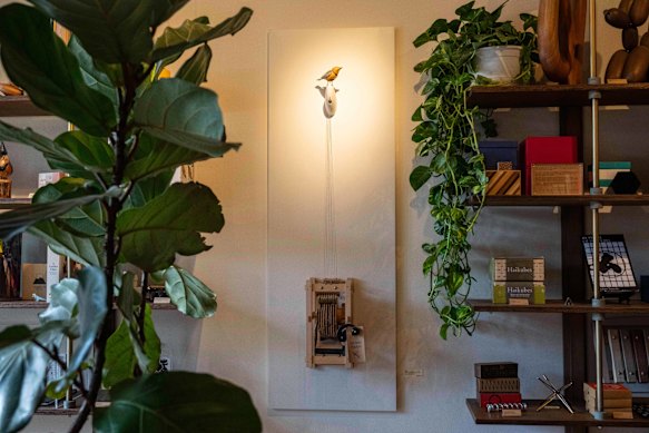 Molly, a singing and dancing mechanical bird, by Bliss Kolb, is displayed at Art of Play, in Brooklyn, New York.