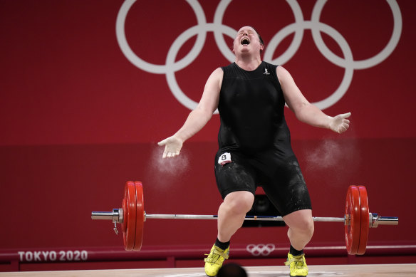 Laurel Hubbard is jubilant after dropping the bar - but she failed to win a medal in Tokyo.