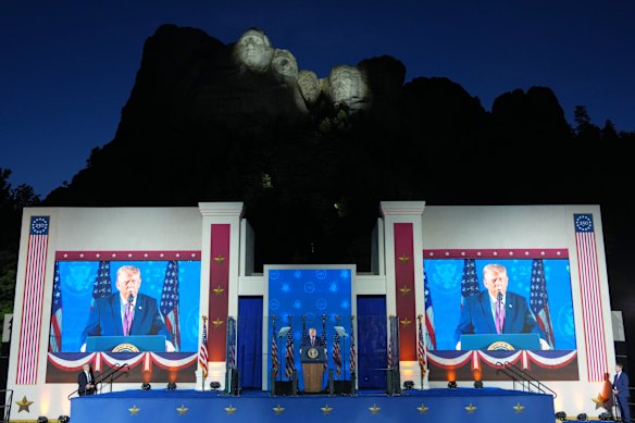 Donald Trump speaks at Mount Rushmore on Friday (US time).